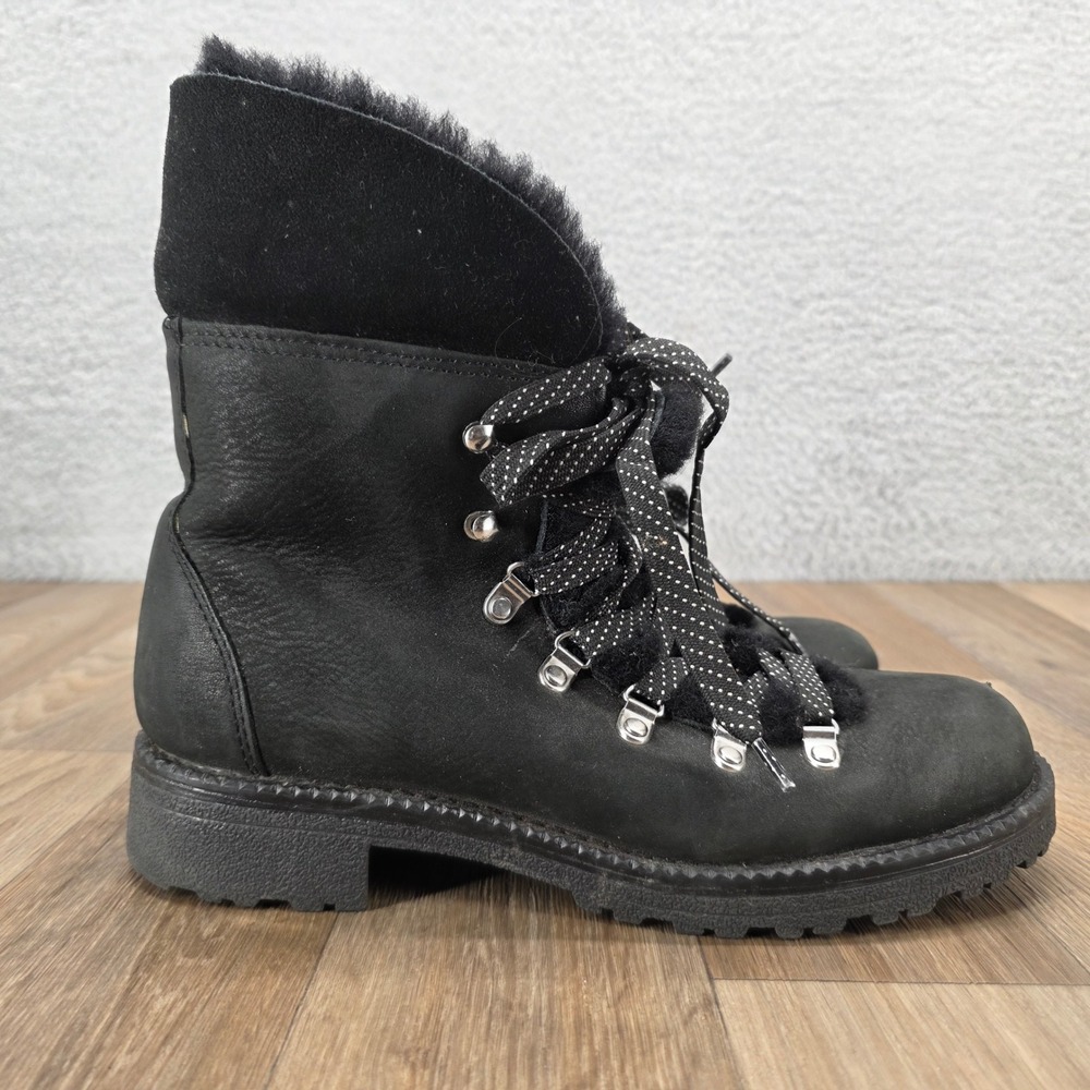 J. Crew Black Leather Ankle Boots‎ Women's 10M Lace Up Faux Fur Trim Lug Combat